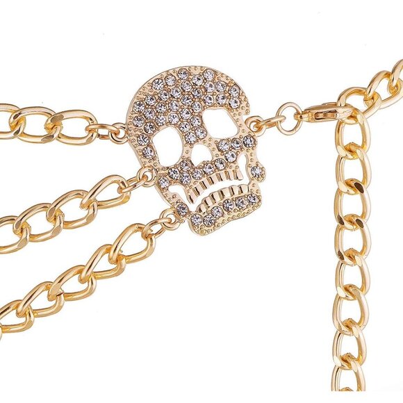 Women's Crystal Gold Skull Multi-layer Metal Waist Chain Dress Belts Metal Belt - Picture 5 of 7